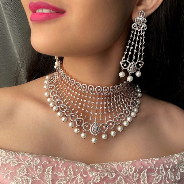 CZ Falling Pattern With Pearl Drop Choker Set