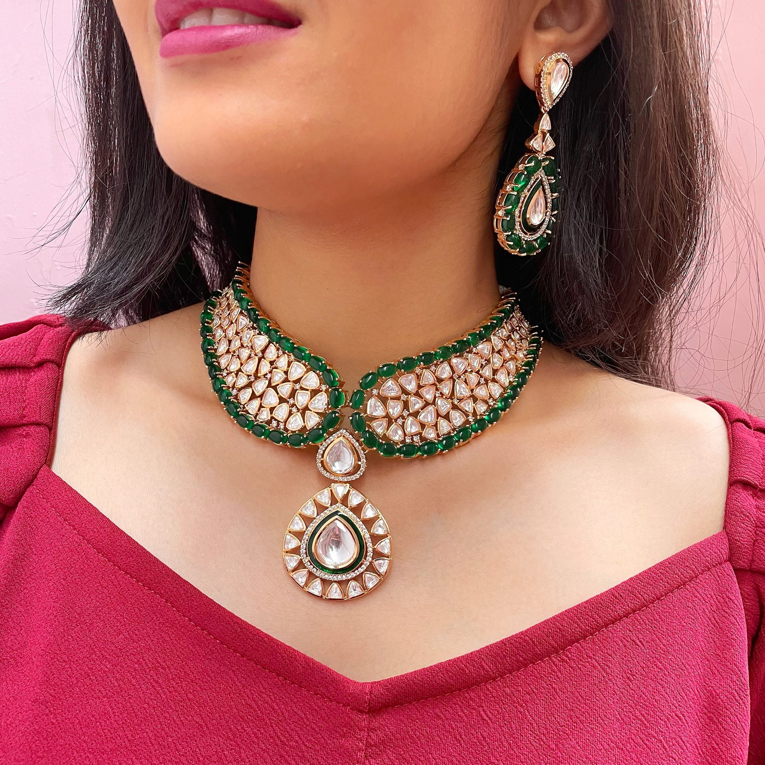 Morya Emerald Green Polki Choker Set