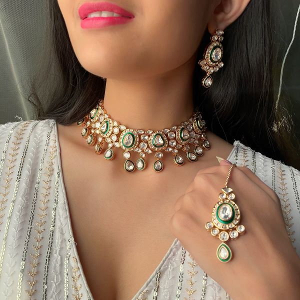 Radhika Emerald Green Polki Choker Set