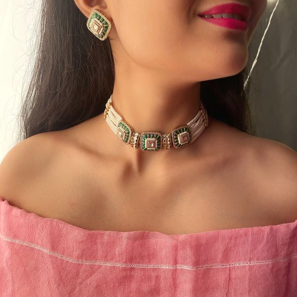 Lavana Emerald Green Polki Designer Choker Set