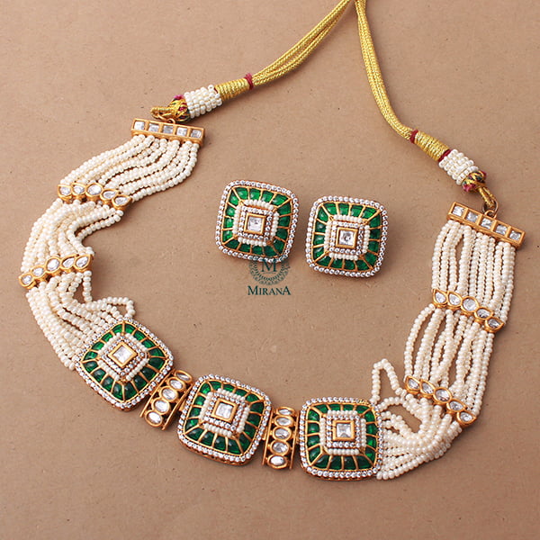 Lavana Emerald Green Polki Designer Choker Set