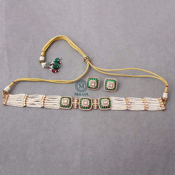 Lavana Emerald Green Polki Designer Choker Set
