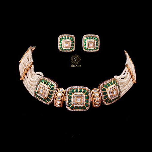 Lavana Emerald Green Polki Designer Choker Set