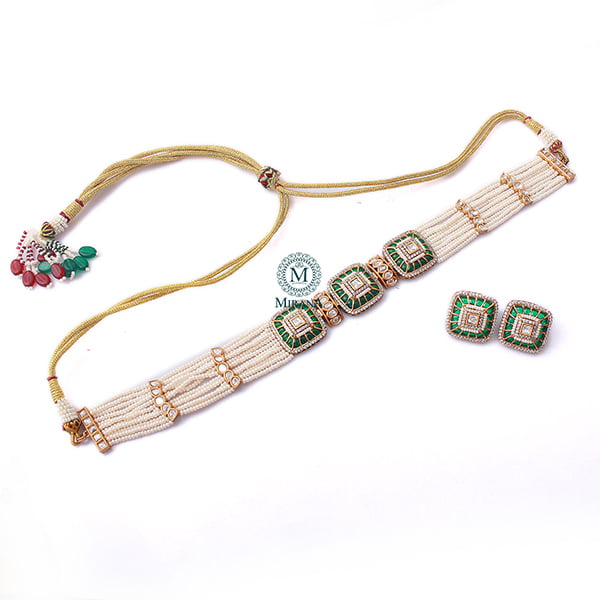 Lavana Emerald Green Polki Designer Choker Set