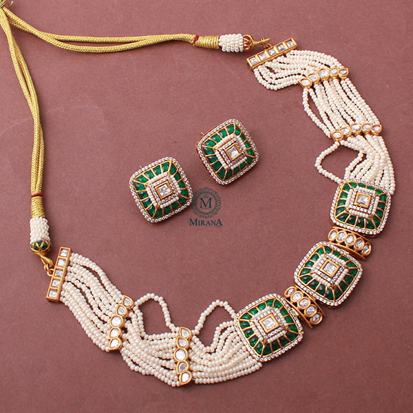 Lavana Emerald Green Polki Designer Choker Set
