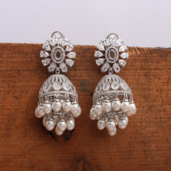 Jazzy Pearl CZ Designer Jhumkas