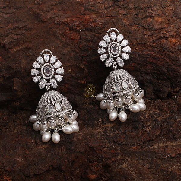 Jazzy Pearl CZ Designer Jhumkas