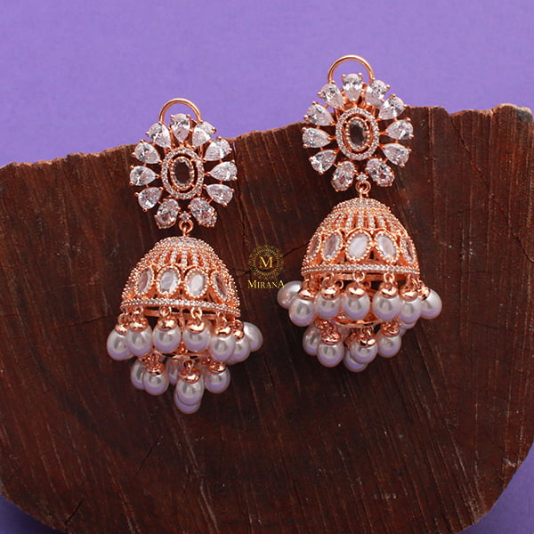 Jazzy Pearl CZ Designer Jhumkas