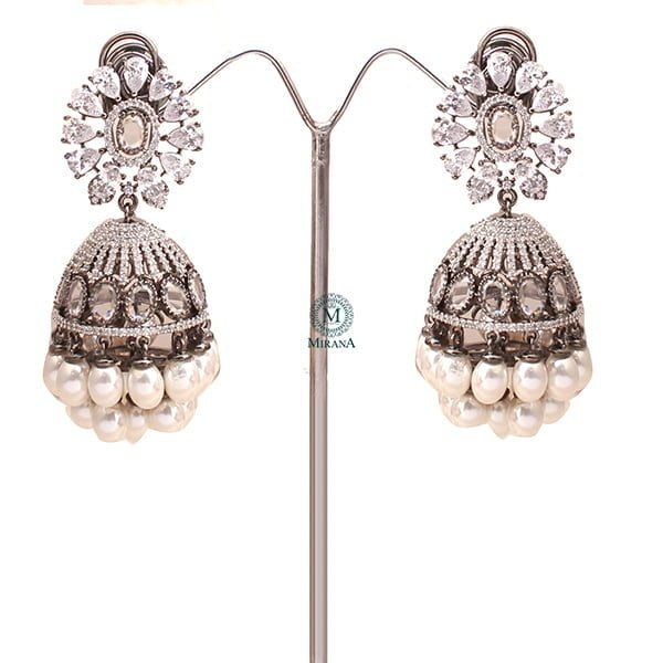 Jazzy Pearl CZ Designer Jhumkas