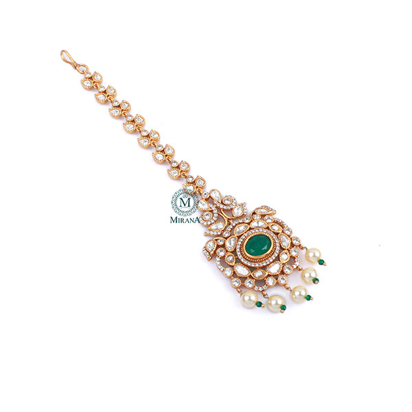 Simran Emerald Green Polki Designer Maangtika