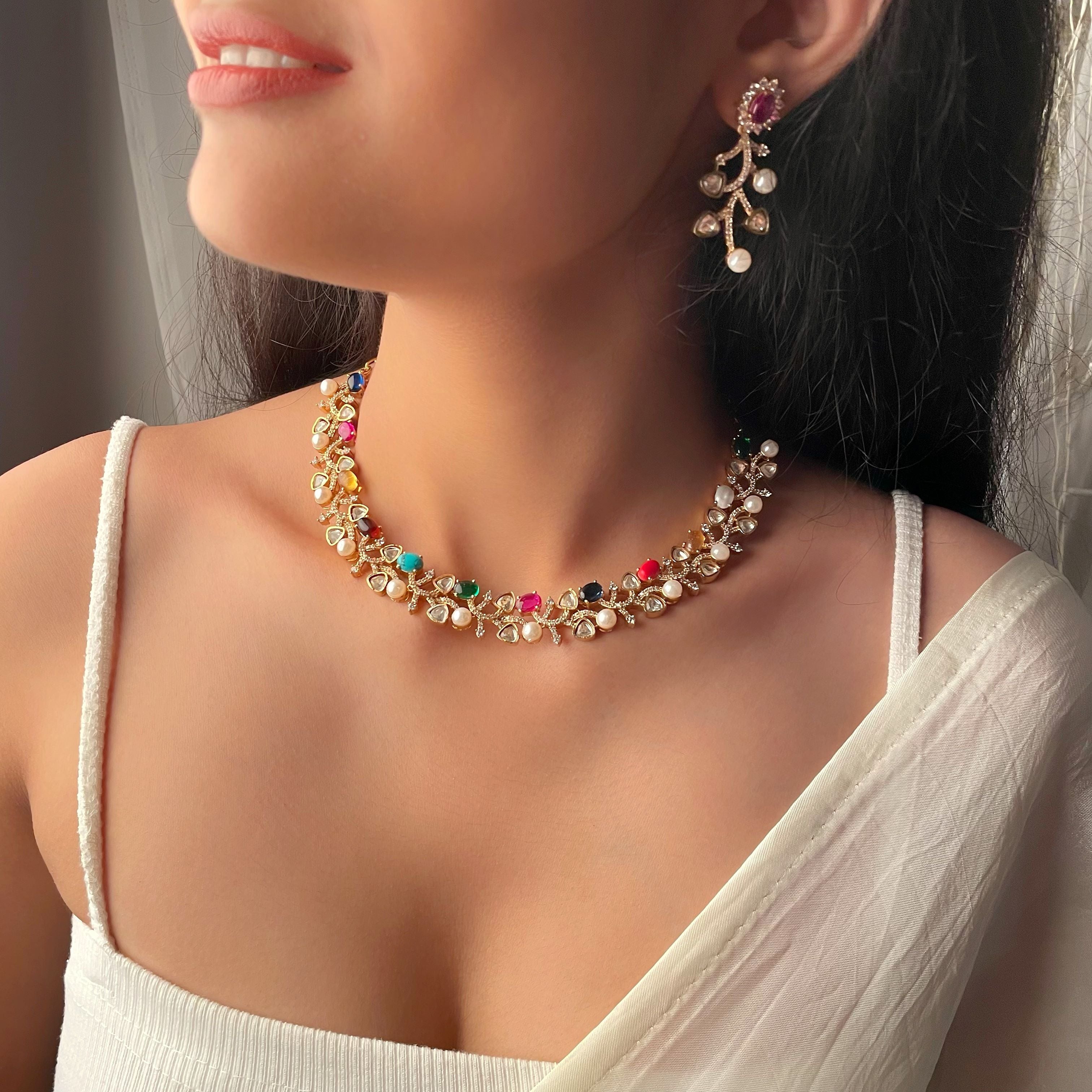 Veena Navratan Moissanite Designer Necklace Set