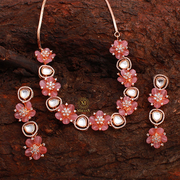Tulip Pastel Pink Polki Designer Necklace Set