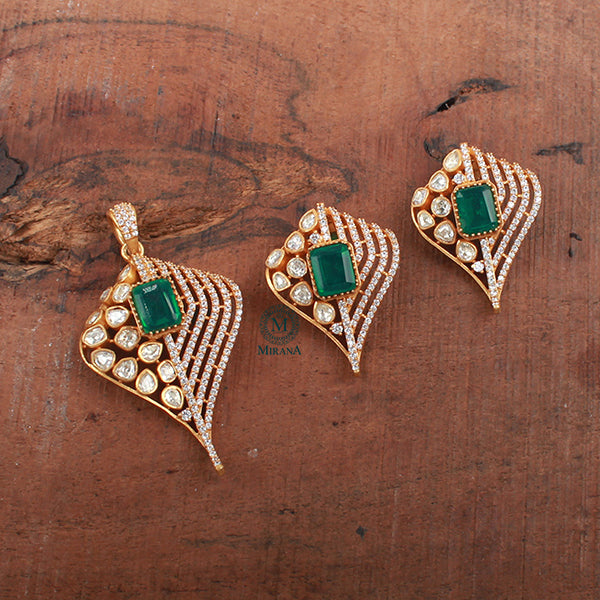Shefali Emerald Green Moissanite Pendant Set