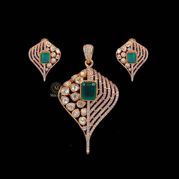 Shefali Emerald Green Moissanite Pendant Set