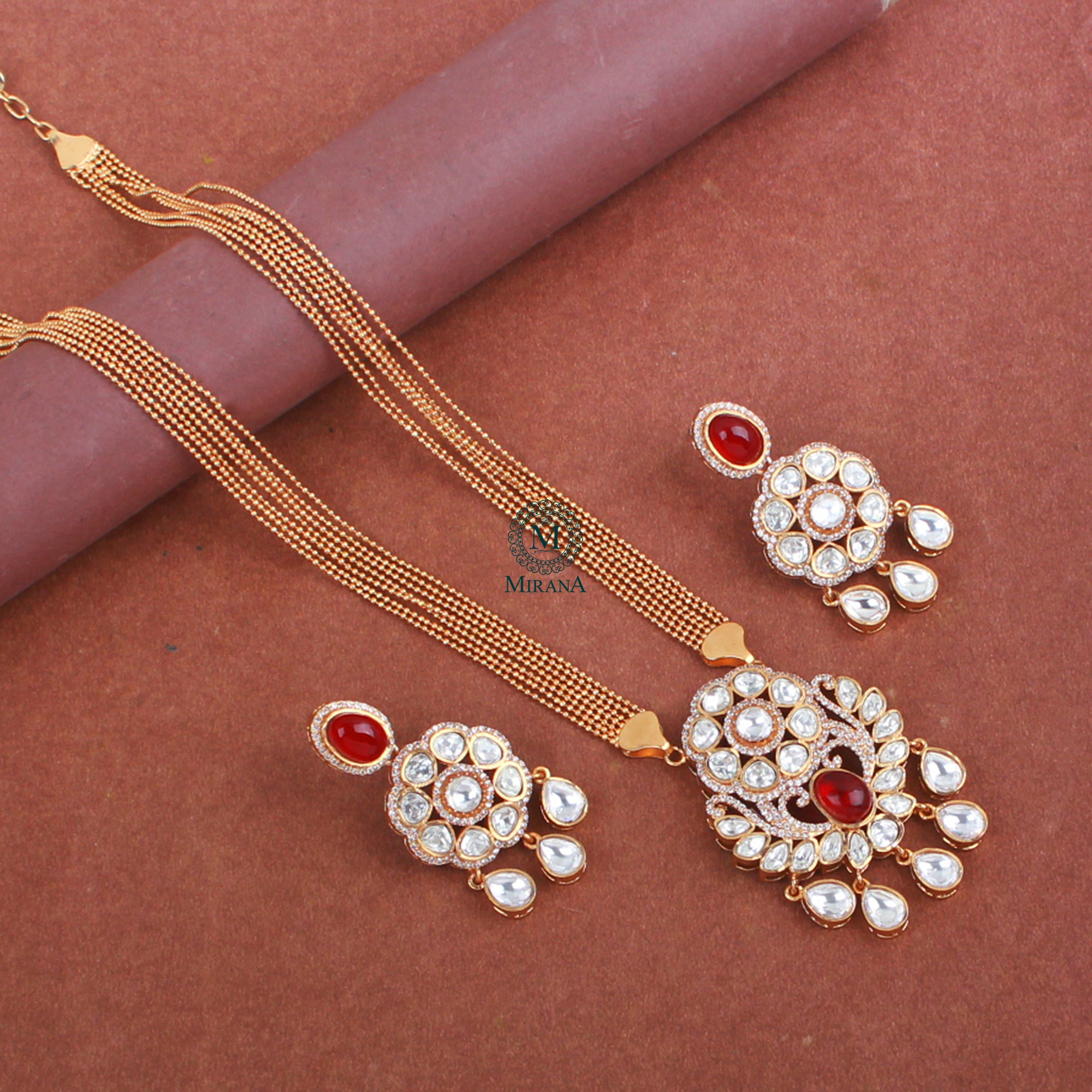 Aroo Ruby Polki Designer Pendant Set