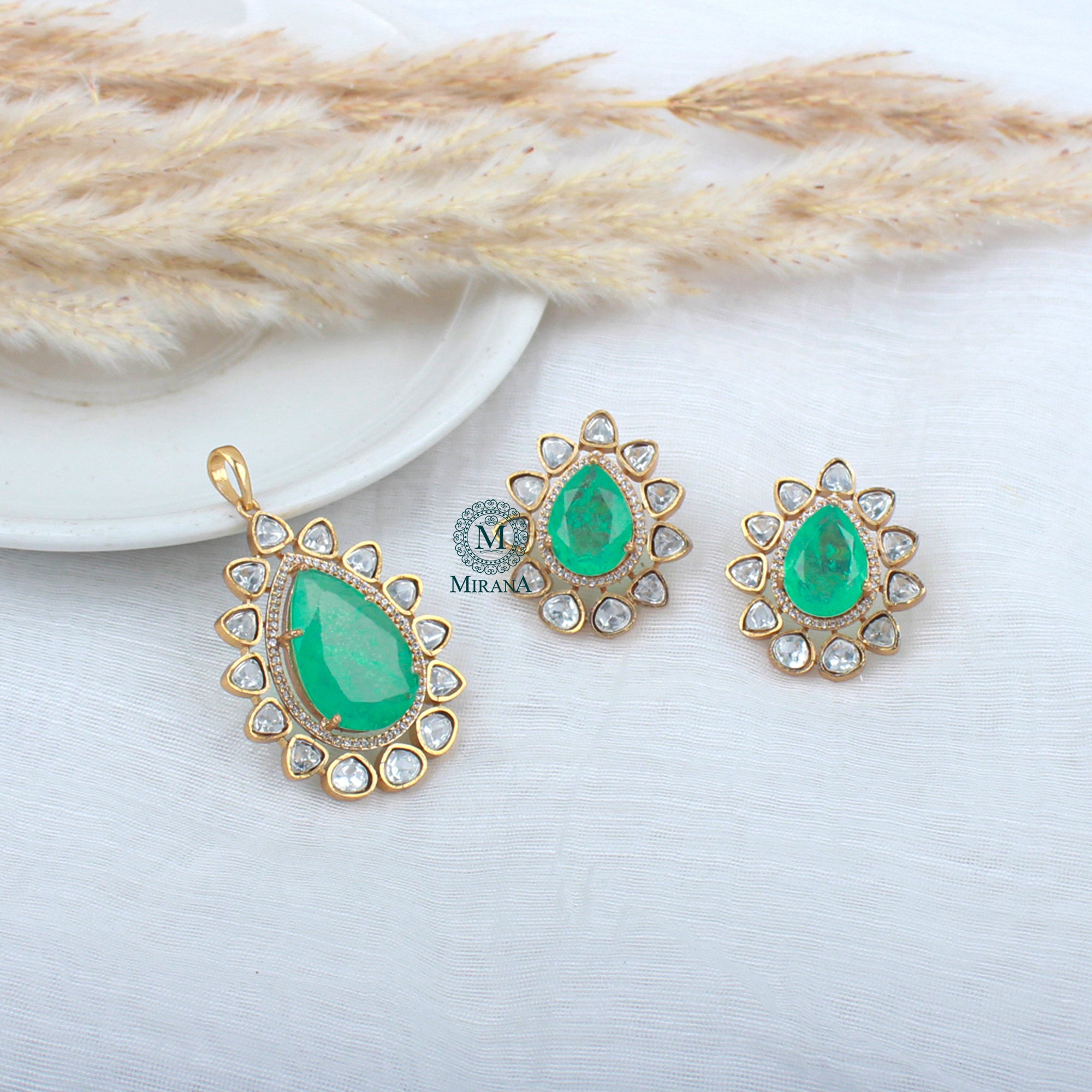 Vrushi Pastel Green Moissanite Pendant Set