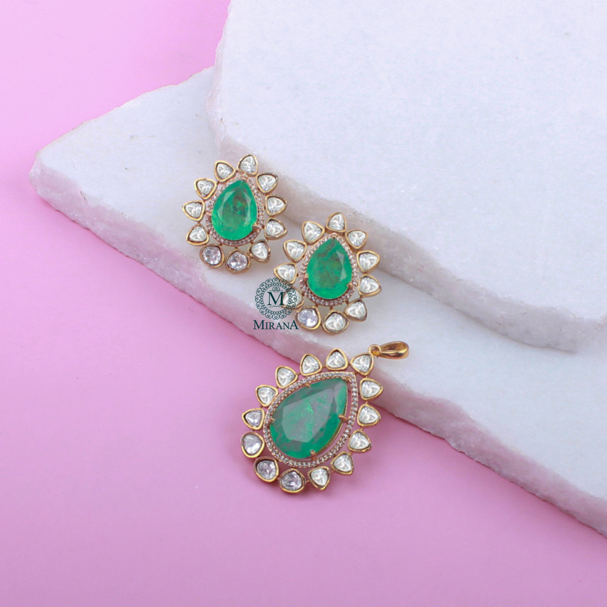 Vrushi Pastel Green Moissanite Pendant Set