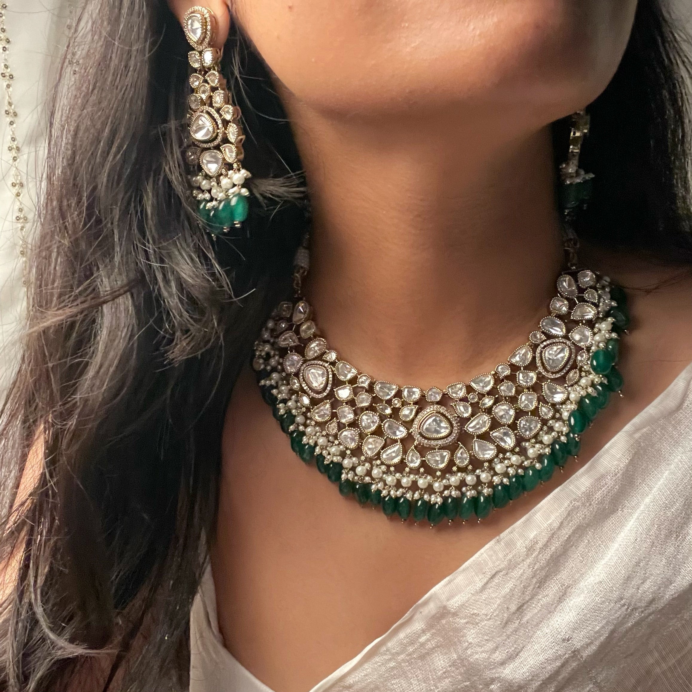 Heer Emerald Green Bridal Polki Necklace Set