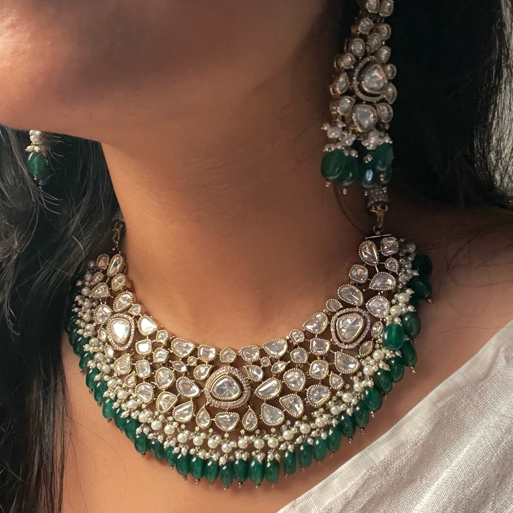 Heer Emerald Green Bridal Polki Necklace Set