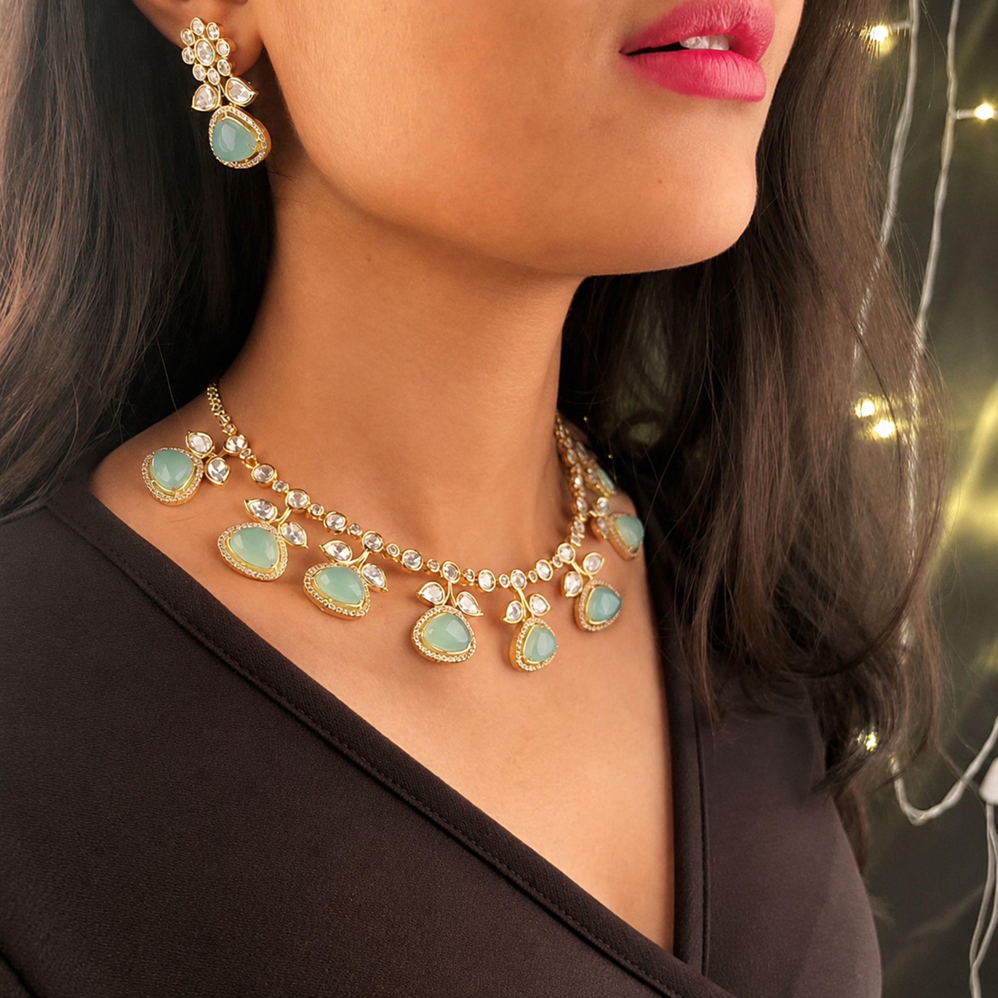 Hinal Sea Green Kundan Polki Necklace Set