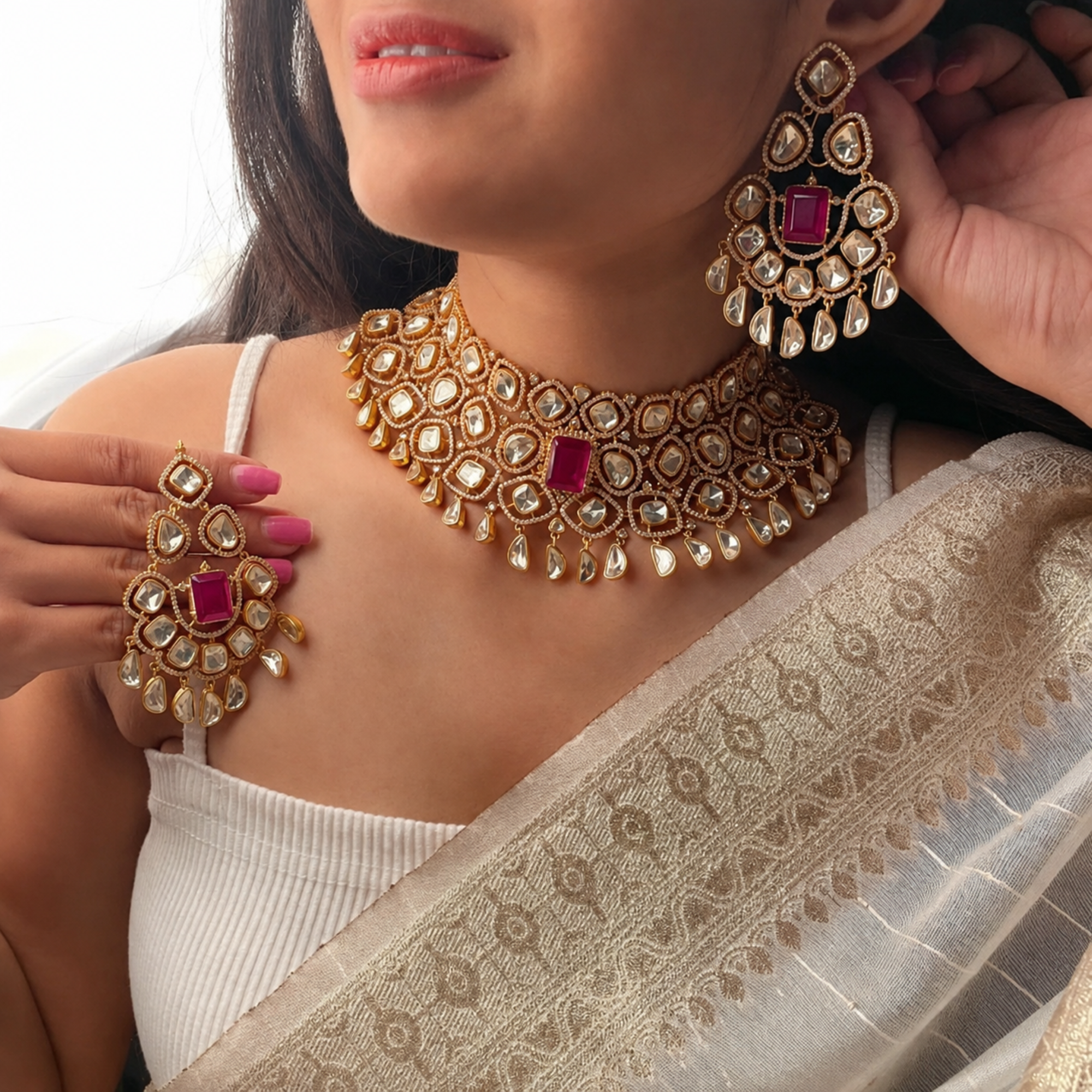 Saaniya Ruby Moissanite Bridal Choker Set