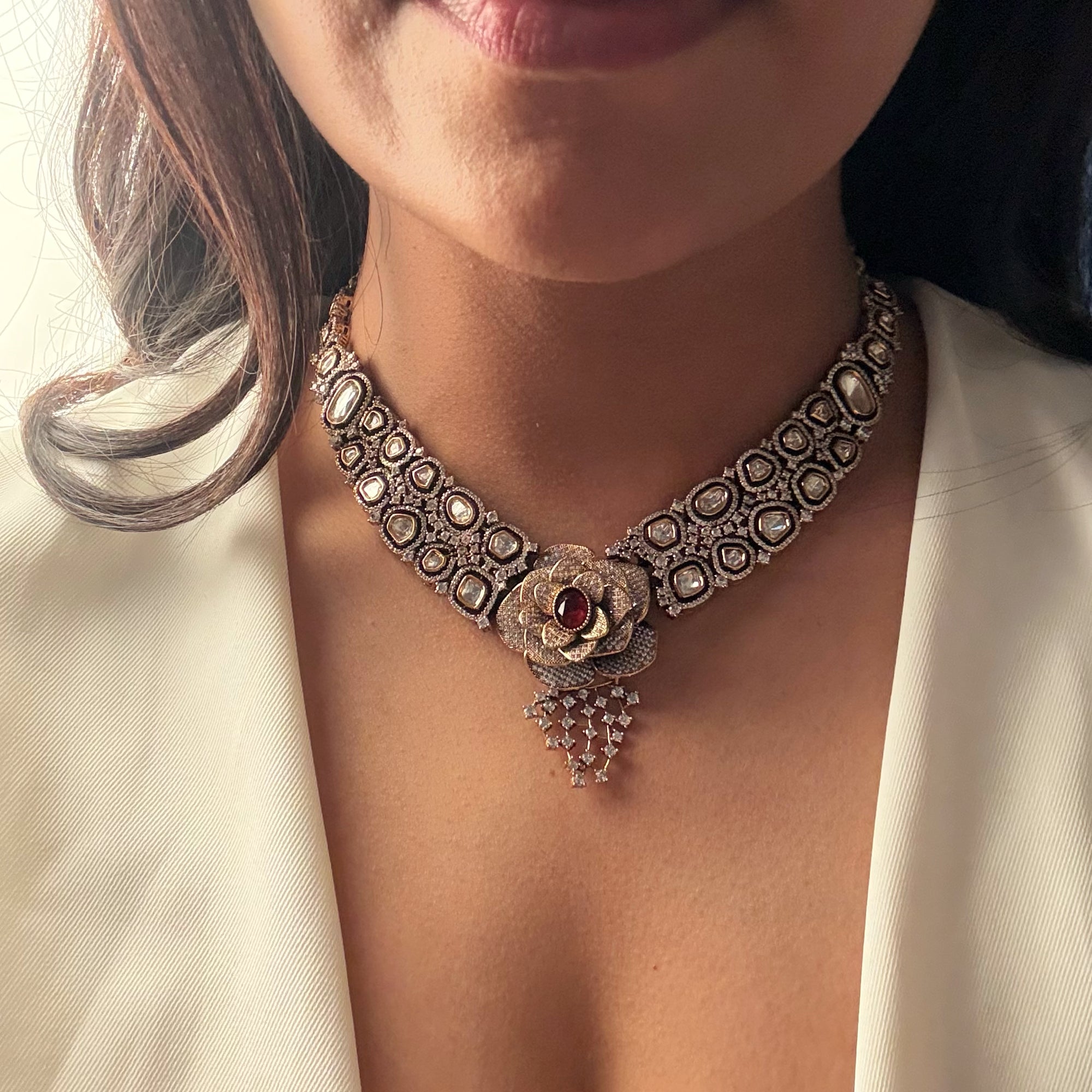 Rosy Polki Designer Necklace Set