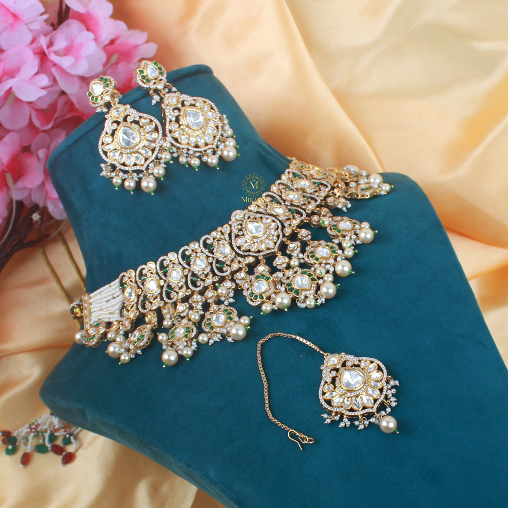 Vrushi Emerald Green Polki Choker Set