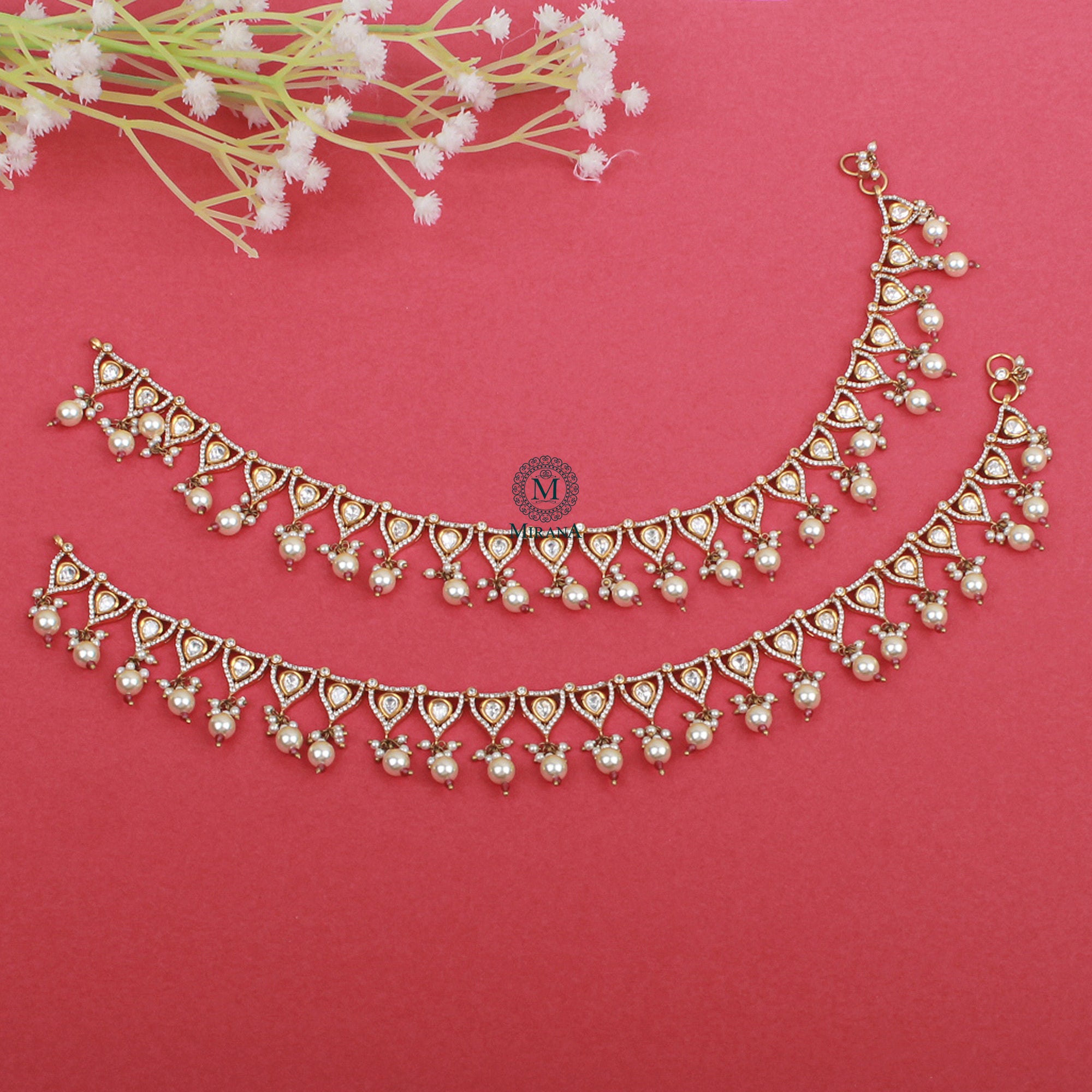 Kashvi Ruby Pearl Polki Designer Anklets