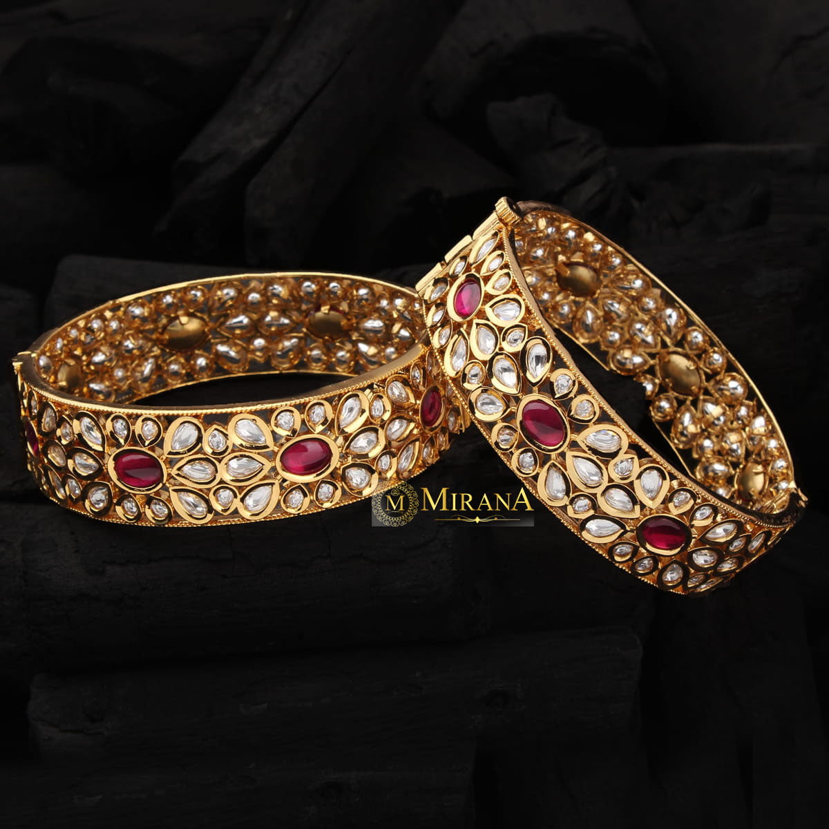 Ruby Colored Antique Floral Kundan Bangles