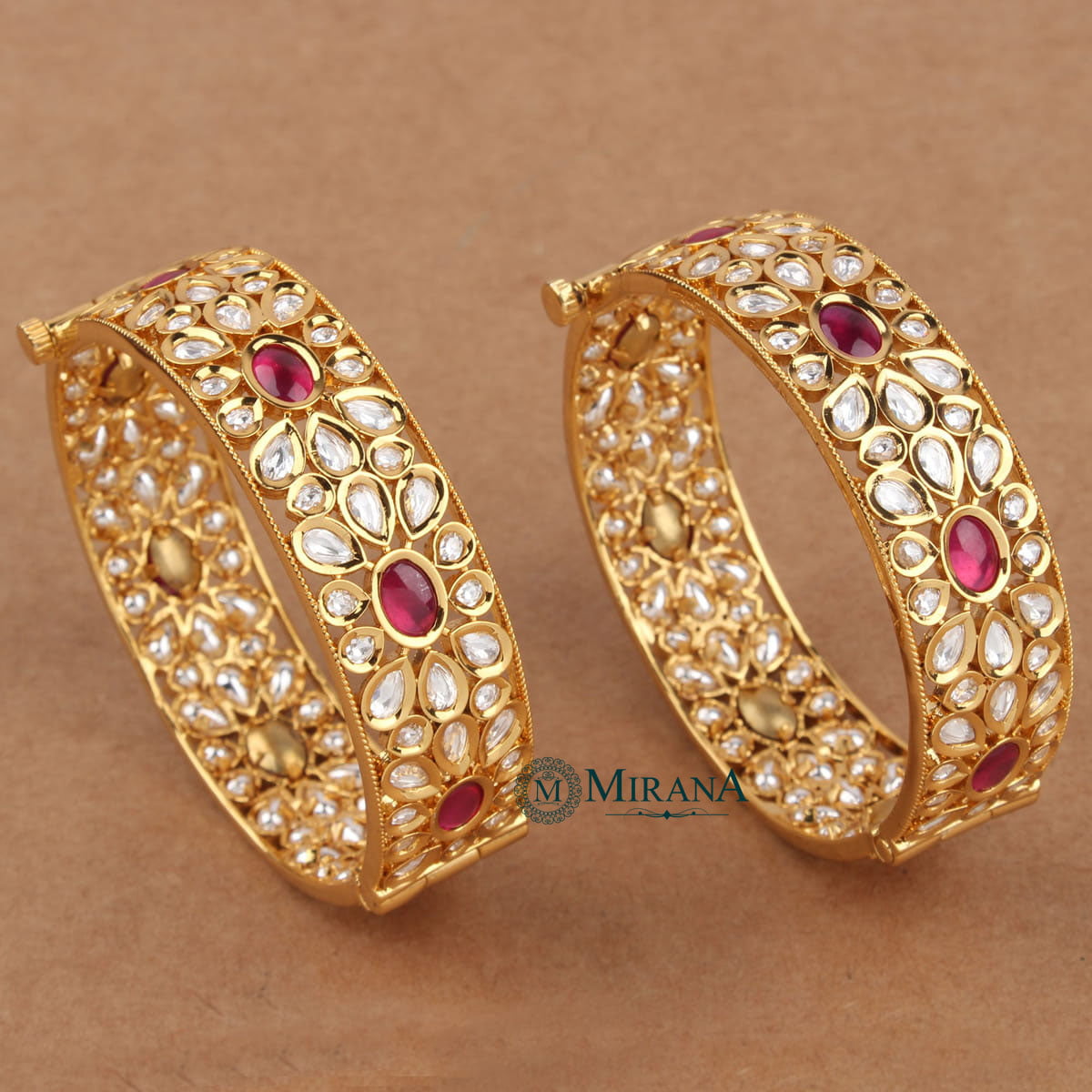 Ruby Colored Antique Floral Kundan Bangles