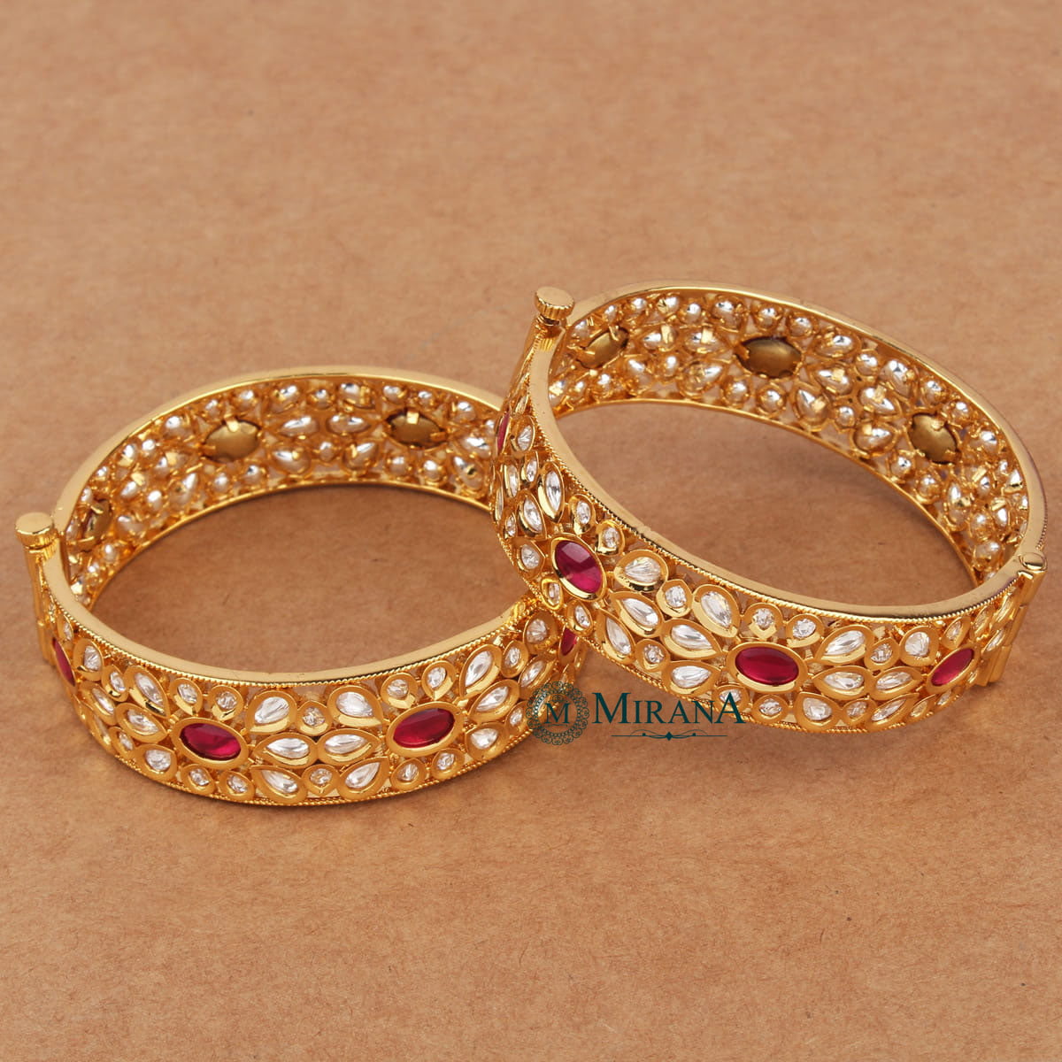 Ruby Colored Antique Floral Kundan Bangles