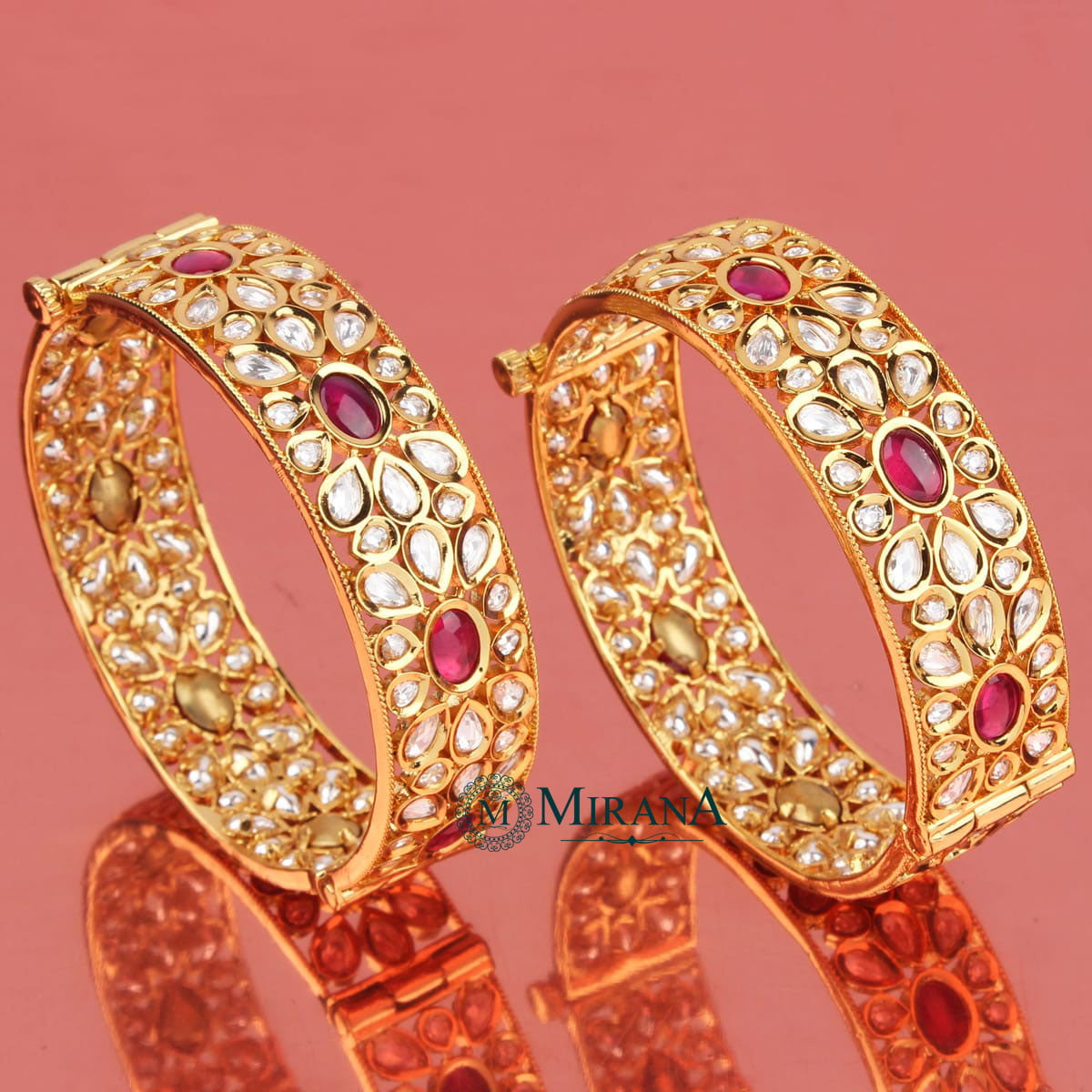 Ruby Colored Antique Floral Kundan Bangles