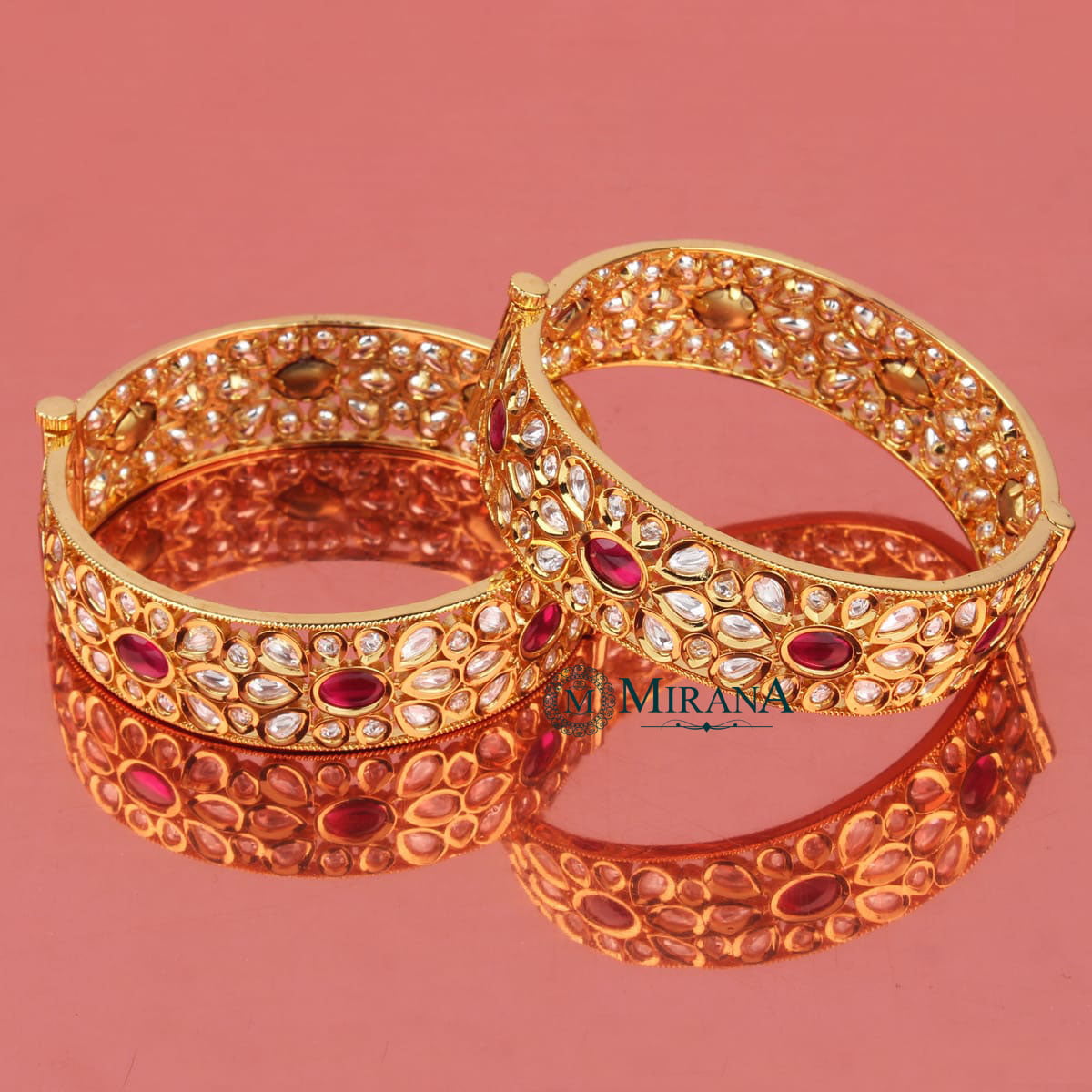 Ruby Colored Antique Floral Kundan Bangles