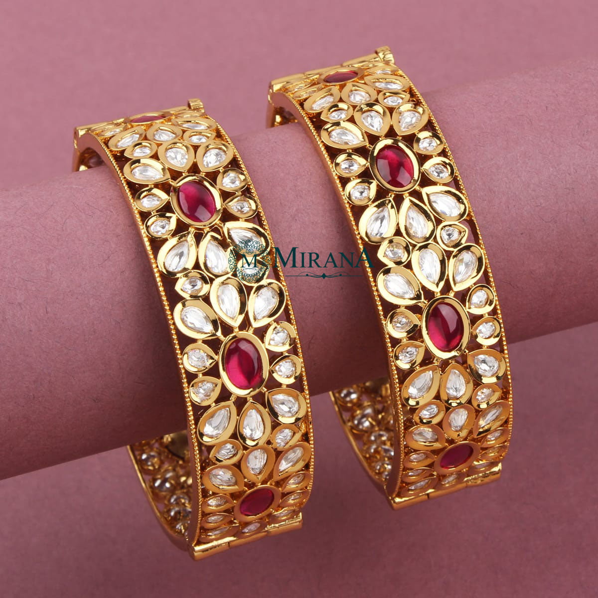Ruby Colored Antique Floral Kundan Bangles