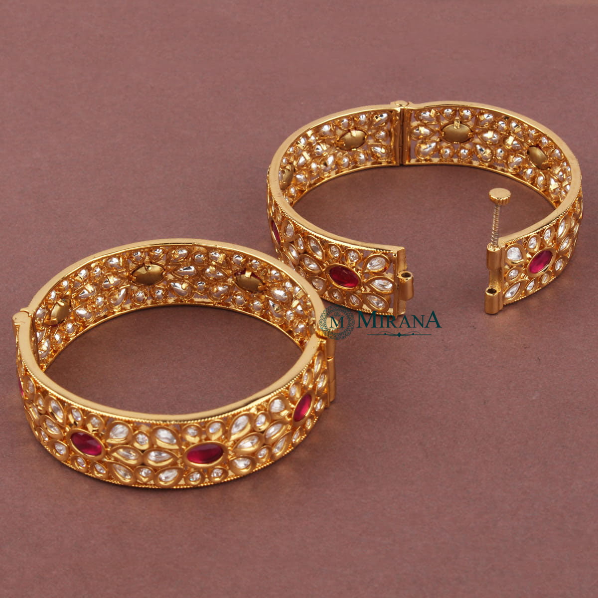 Ruby Colored Antique Floral Kundan Bangles