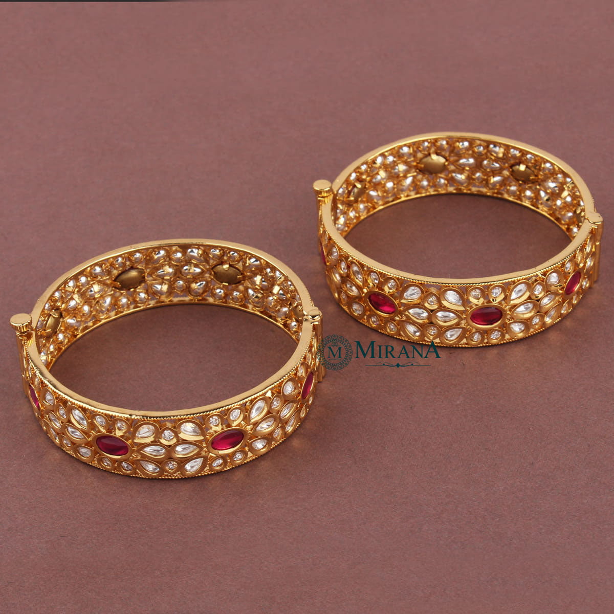 Ruby Colored Antique Floral Kundan Bangles