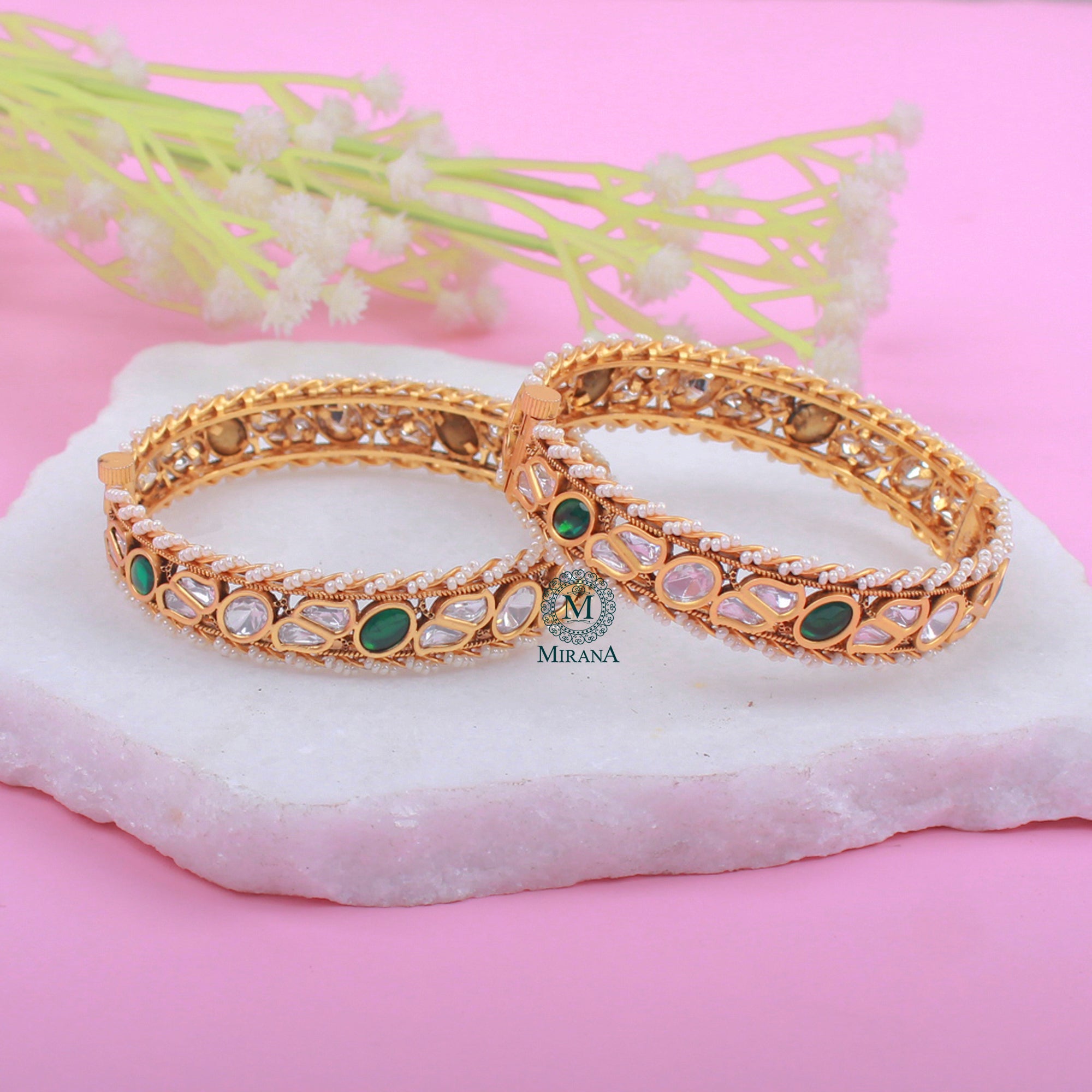 Yogita Emerald Green Polki Designer Bangles