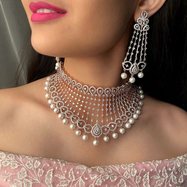 CZ Falling Pattern With Pearl Drop Choker Set