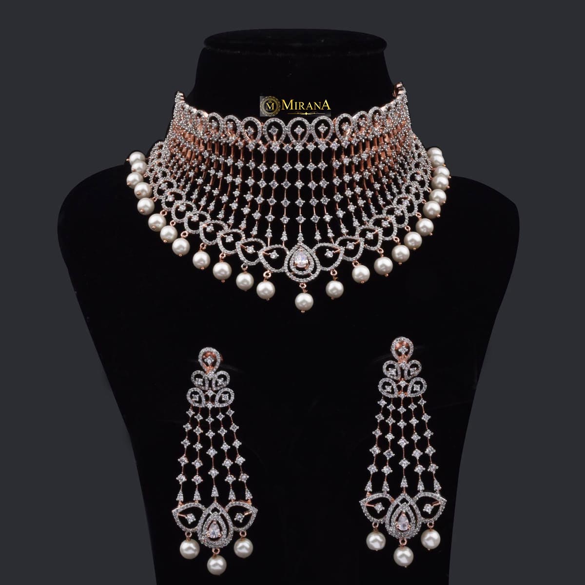 CZ Falling Pattern With Pearl Drop Choker Set