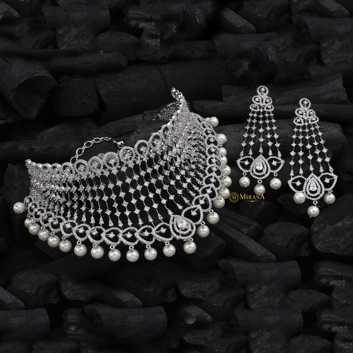 CZ Falling Pattern With Pearl Drop Choker Set