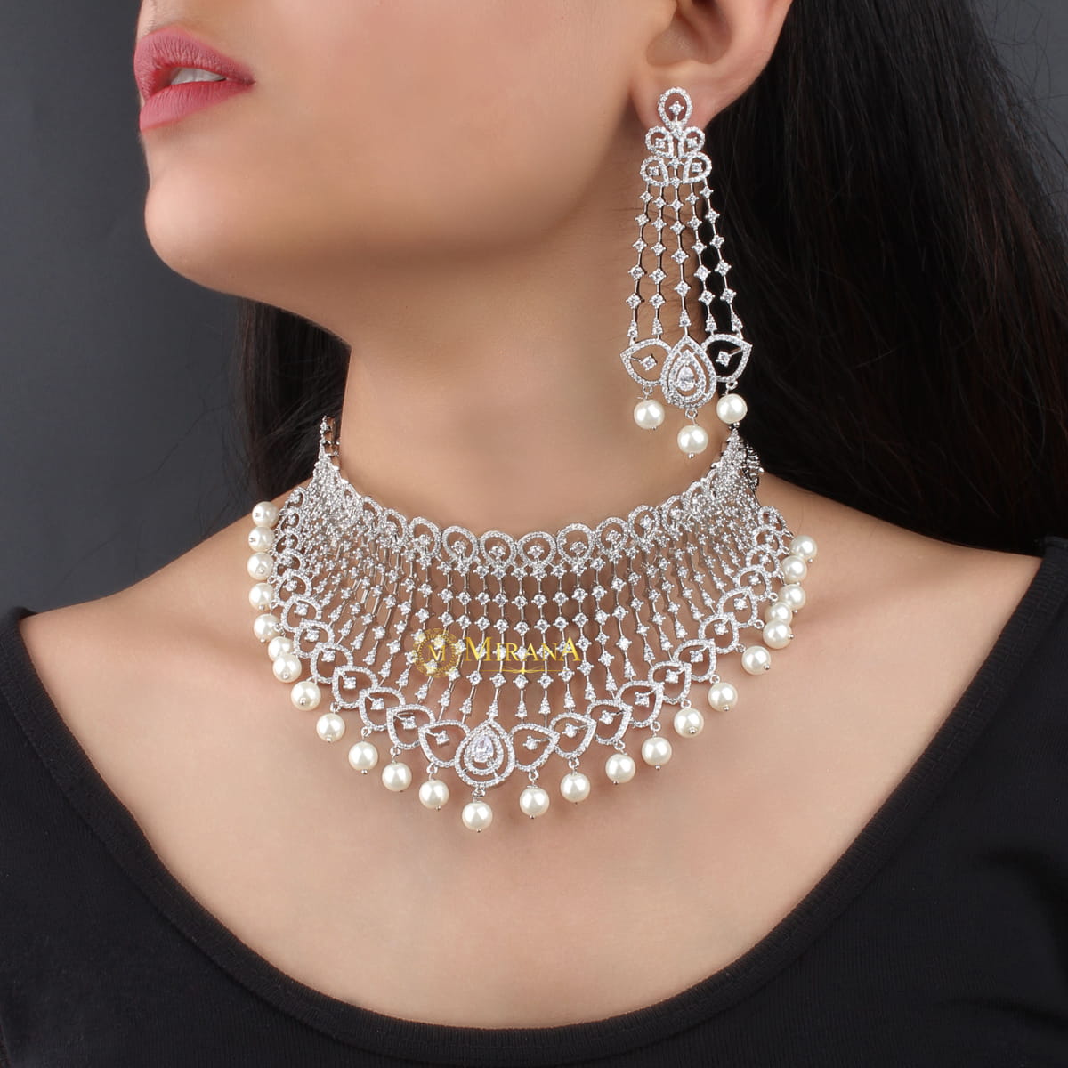 CZ Falling Pattern With Pearl Drop Choker Set