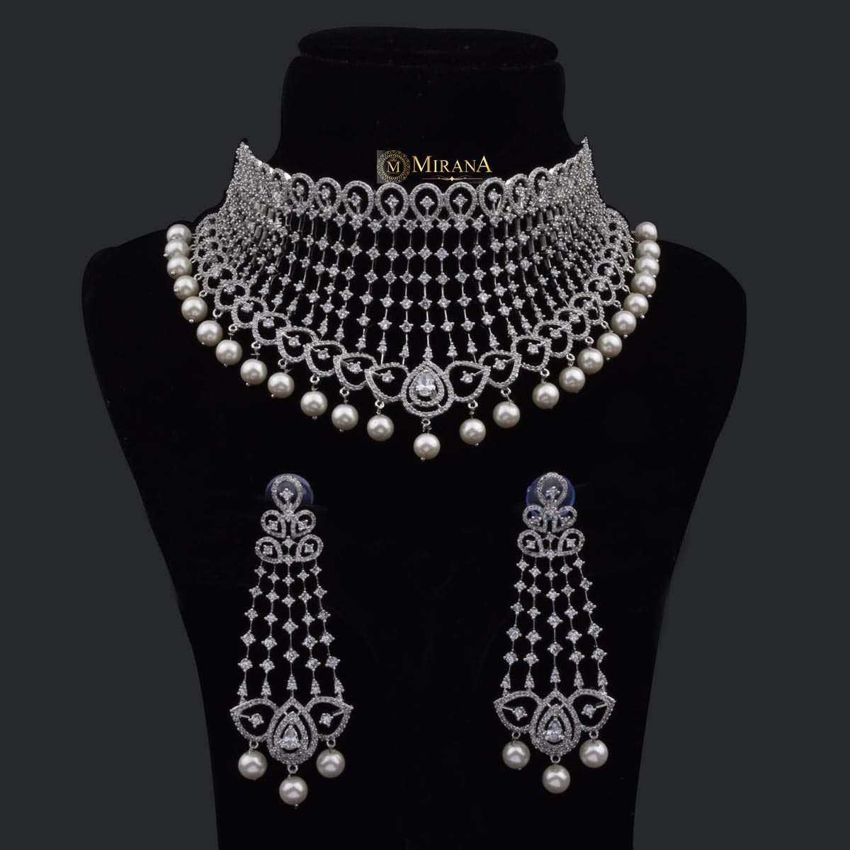 CZ Falling Pattern With Pearl Drop Choker Set