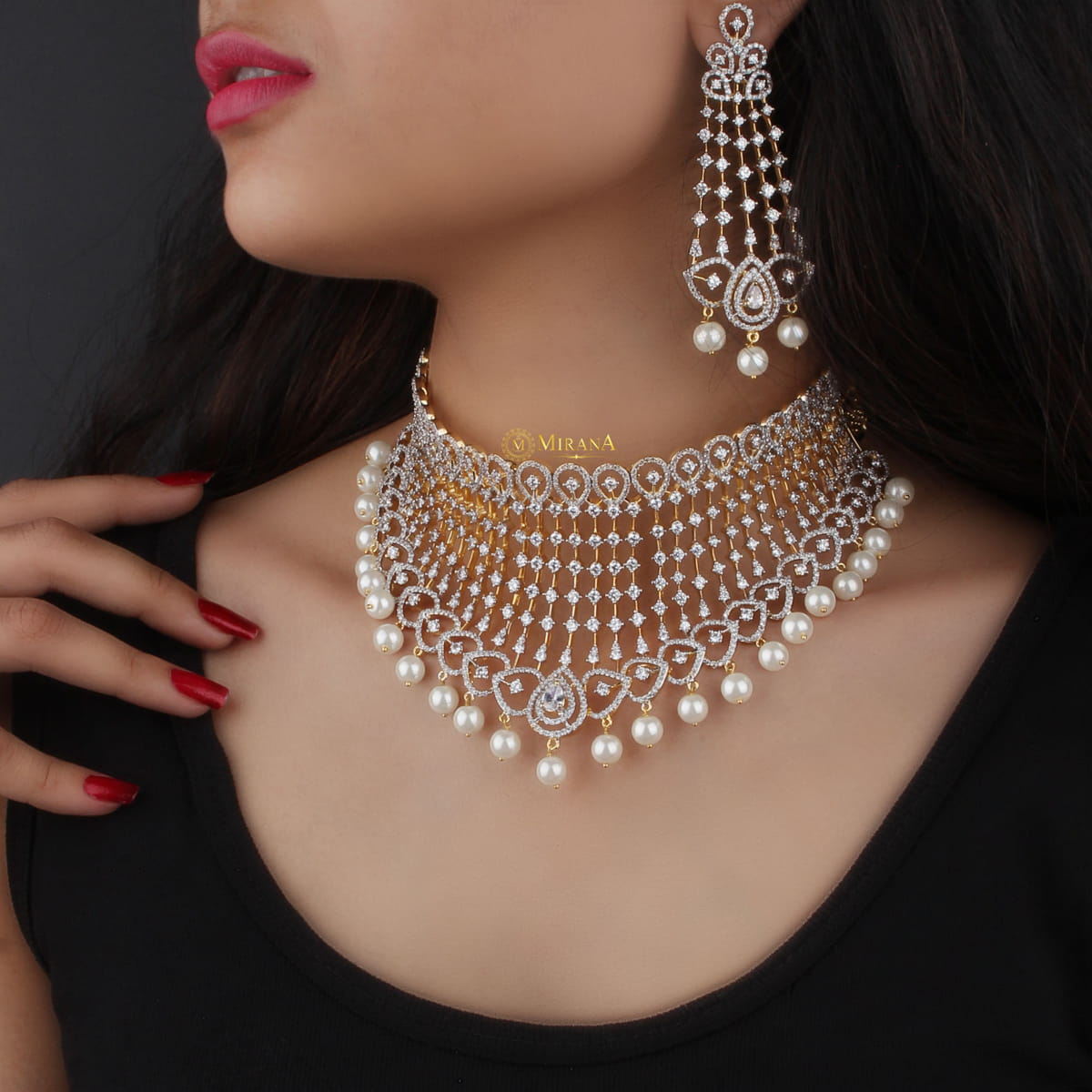 CZ Falling Pattern With Pearl Drop Choker Set