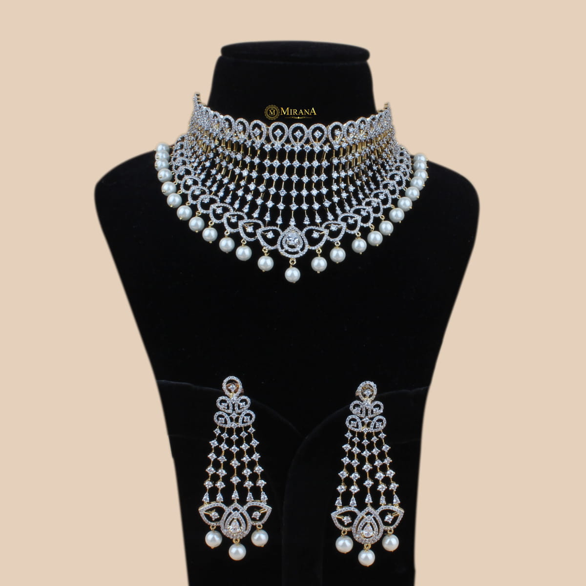 CZ Falling Pattern With Pearl Drop Choker Set