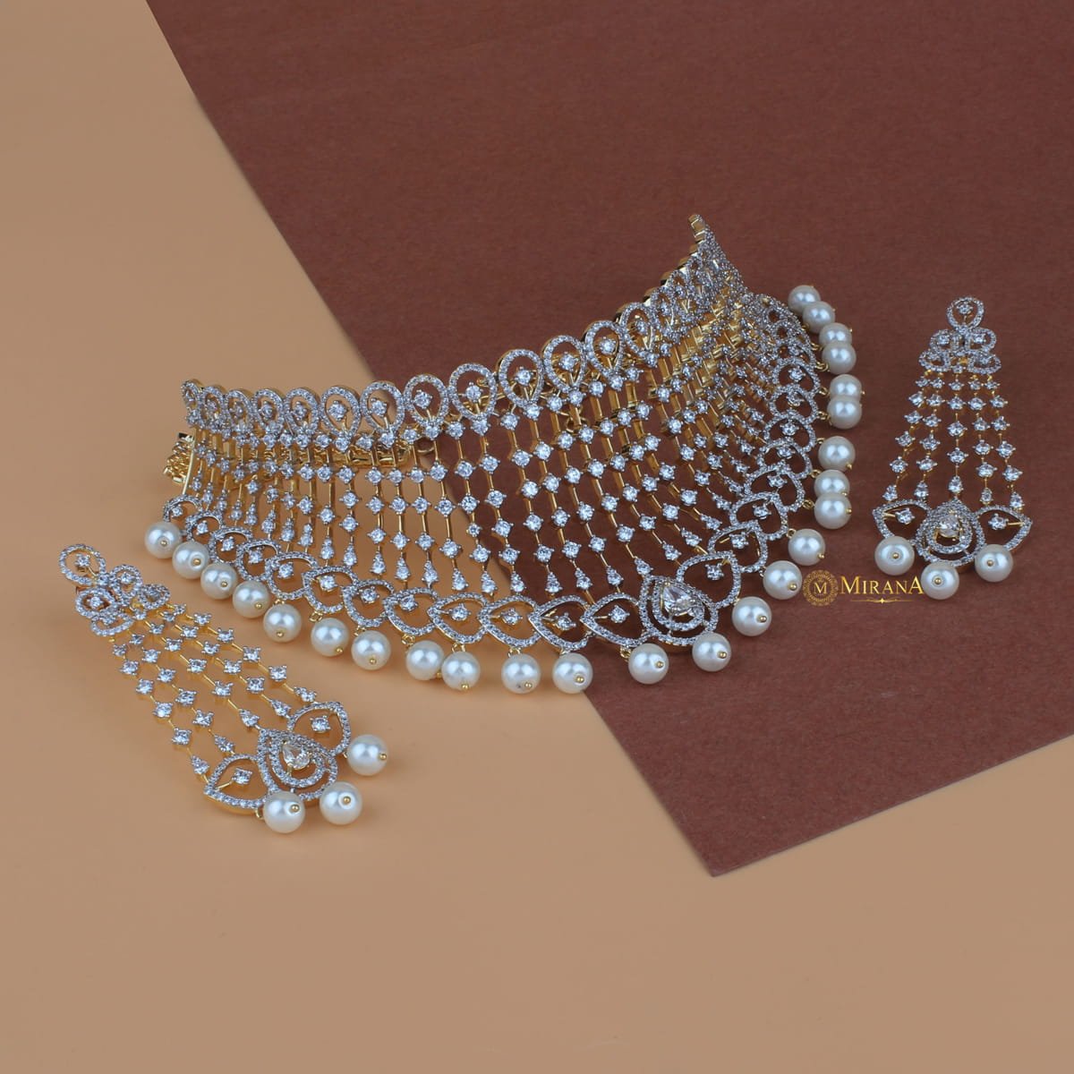 CZ Falling Pattern With Pearl Drop Choker Set