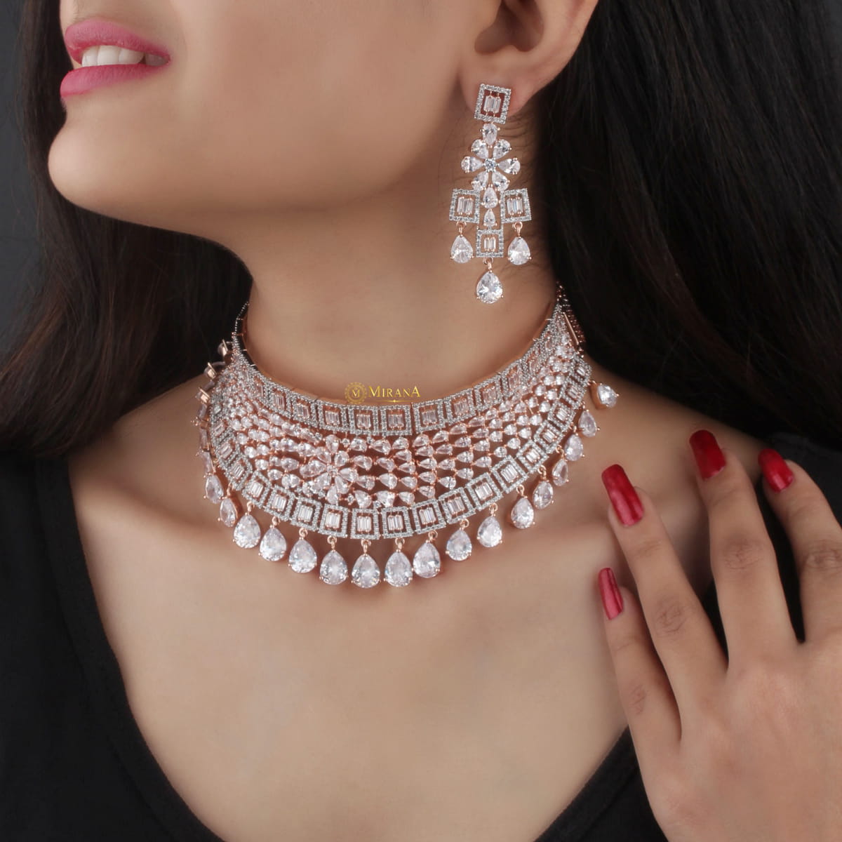CZ Broad Bridal Choker With Light Earrings