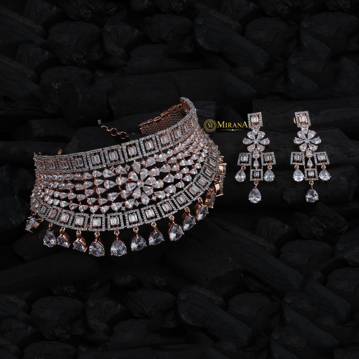 CZ Broad Bridal Choker With Light Earrings