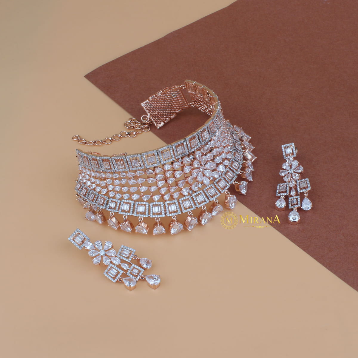 CZ Broad Bridal Choker With Light Earrings