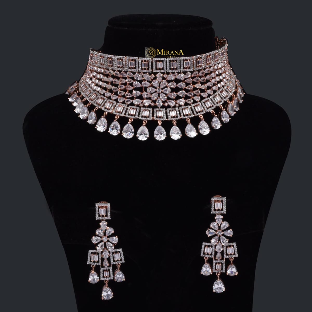 CZ Broad Bridal Choker With Light Earrings