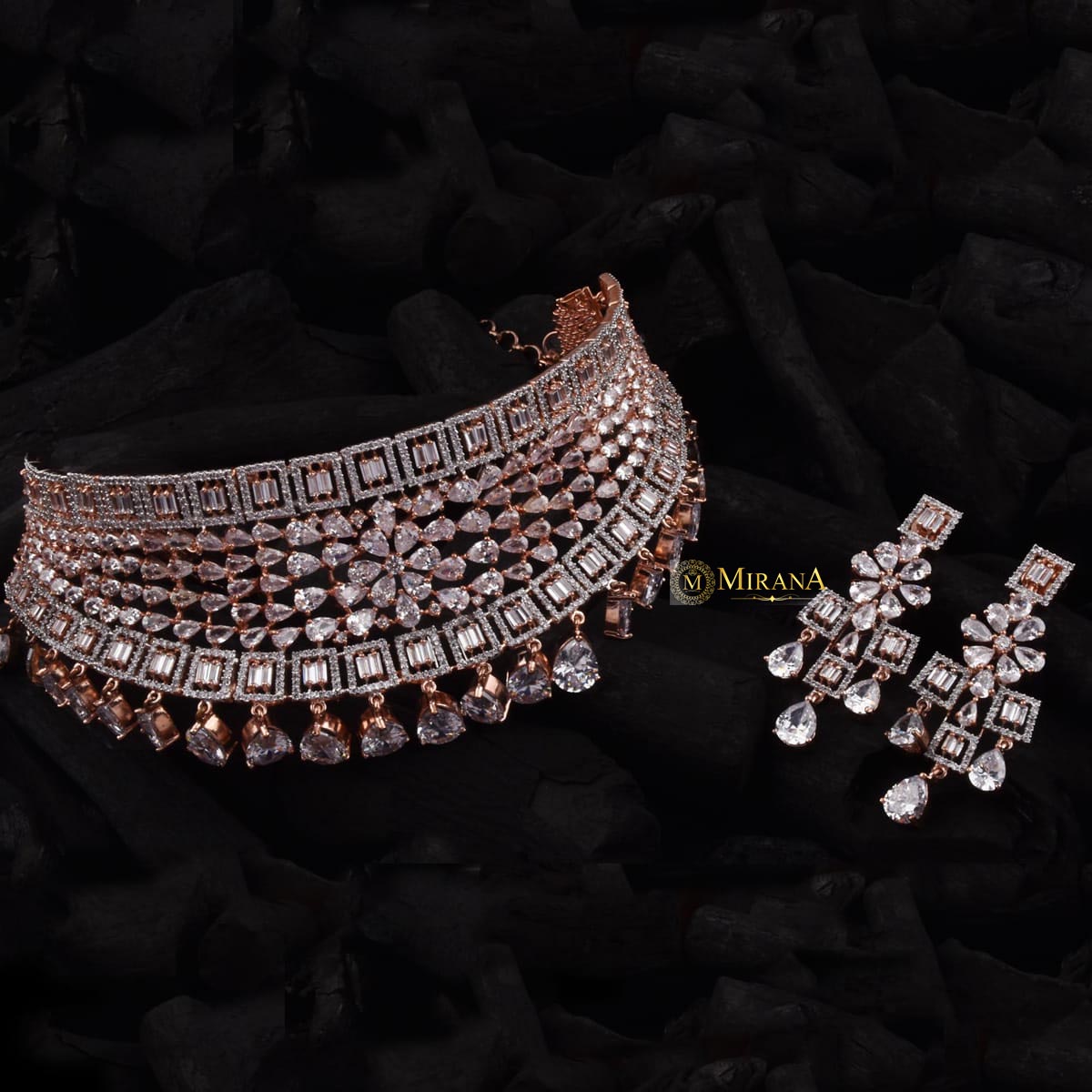 CZ Broad Bridal Choker With Light Earrings